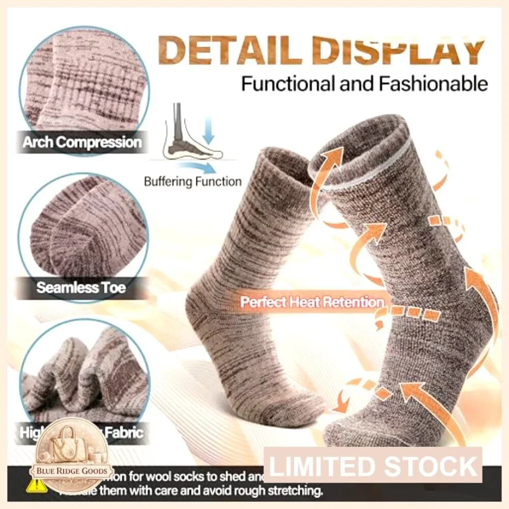 Merino Wool Hiking Socks Thermal Thick Winter Crew Cushioning Work Unisex